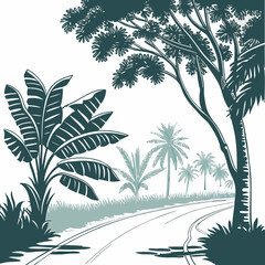 Stylized tropical landscape with a winding road lined by banana trees and palm trees