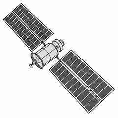 Stylized illustration of a modern satellite with large solar panels extended for power generation in space