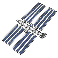 Stylized illustration of a modern space station with large solar panels against a white background