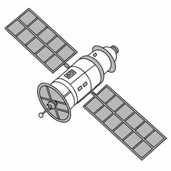 A detailed line drawing illustration of a modern satellite with large solar panels orbiting in space