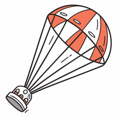 A simple cartoon illustration of a red and white striped parachute with lines descending from the canopy to a small capsule
