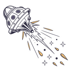 Retro style cartoon spaceship or ufo blasting off with speed lines stars and sparks in a playful doodle illustration