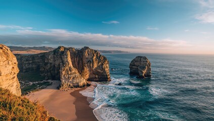 Vertical image of coastal rock formations against the ocean, showcasing erosion risk