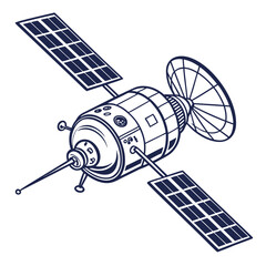Stylized illustration of a deep space satellite with solar panels and a large dish antenna against a white background