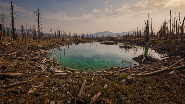 Tranquil lake surrounded by forest recovery after wildfire, erosion risk