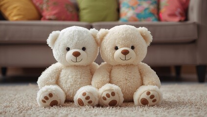 Two cheerful teddy bears on a carpet next to a sofa and pillows, symbolizing friendship and companionship