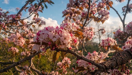 Obraz premium Close-up of flowering chestnut branches set against a springtime sky