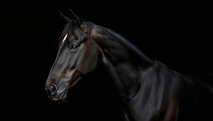 Portrait of a striking black horse set against a dark background, showcasing the animal's elegance and grace