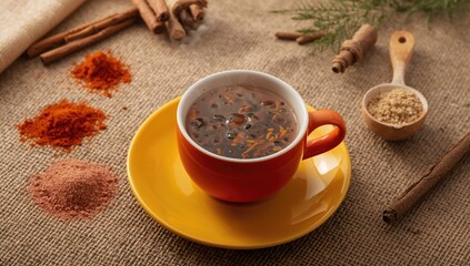 Tea with spices, vibrant red cup and yellow saucer, beneficial blend for a healthy lifestyle