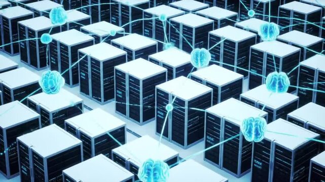 Three-dimensional rendering of a server cluster with interconnected nodes representing modern information technology and cloud storage