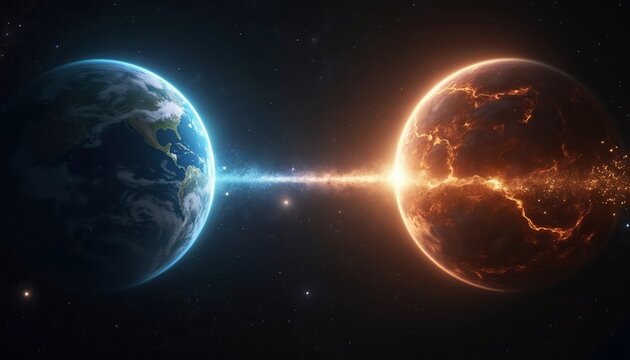 Artistic representation of two planets connected by a stardust bridge. One planet is Earth-like the other is a fiery celestial body. Space scene with stars conveys connection