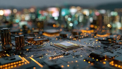 A close-up of a computer chip, with a blurred cityscape in the background