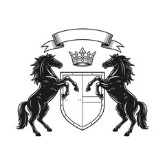A majestic heraldic crest featuring two powerful rearing horses, a shield, royal crown, and banner. This emblem symbolizes strength, nobility, and a rich, enduring legacy of tradition