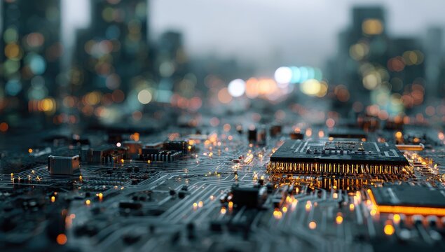 Close-up of circuit board with blurred cityscape background, illustrating modern technology