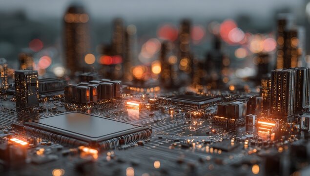 Close-up of circuit board with blurred cityscape background, illuminated lights