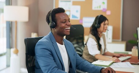 Agent, communication and man with headset, coworking and humor for joke, customer service and online. Consultant, laugh and people with mic for discussion, problem solving and inquiry in call center - Powered by Adobe