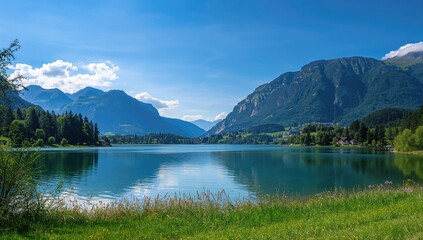 Fototapeta premium Switzerland summer landscape with mountains and clear blue sky, ideal for travel and nature appreciation