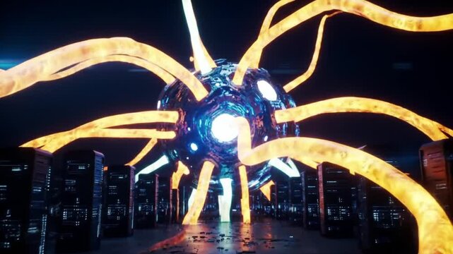 Surreal and otherworldly glowing energy tendrils erupting from a central core within a futuristic, dark, and mysterious server room environment