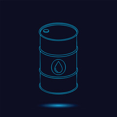 Futuristic Blue Neon Outline Vector Illustration of a Full Industrial Oil Barrel Drum Featuring a Prominent Liquid Drop Symbol Representing Global Petroleum Energy Resources and Fuel Storage