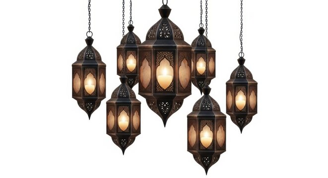 Ornate moroccan lanterns hanging cluster isolated on white background