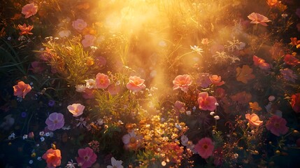 Sunlit Wildflower Meadow Abstract Golden Light Nature Background