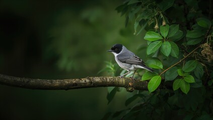 Obraz premium Sardinian Warbler perched on a tree in a lush forest, showcasing the beauty of wildlife in a natural habitat
