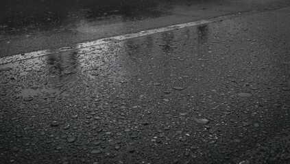 Raindrops on a wet asphalt road surface, suitable for editorial backdrop