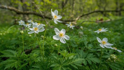 White anemone flowers blooming in a springtime forest, showcasing seasonal change