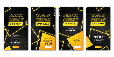 neon black friday instagram stories set vector design illustration