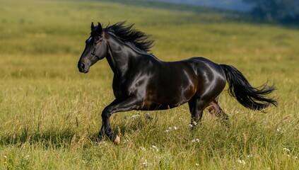 Draft horse running freely across a grassy field, showcasing strength and agility