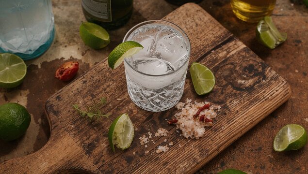Mezcal served with lime wedges and worm salt on aged wood, savor the traditional flavors