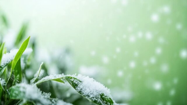 Snowy Green Foliage: Delicate flakes of snow blanket fresh green foliage, a beautiful display of winter's gentle embrace. Capturing the interplay of nature's elements, freshness and serene landscape
