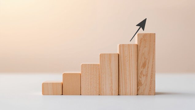 Wooden financial bar chart with ascending trend line, symbolizing growth in business