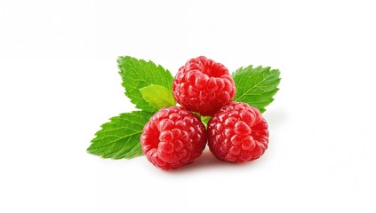 Juicy red raspberries accompanied by green foliage set against a white backdrop, fiber-dense choice
