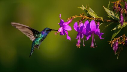 Obraz premium Violet Sabrewing, Campylopterus hemileucurus, in motion, foraging on Thunbergia mysorensis blooms, beneficial pollinator role
