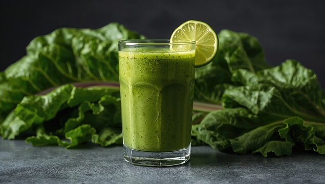 Chard smoothie alongside fresh chard leaves, nutritious beverage, fiber-rich choice
