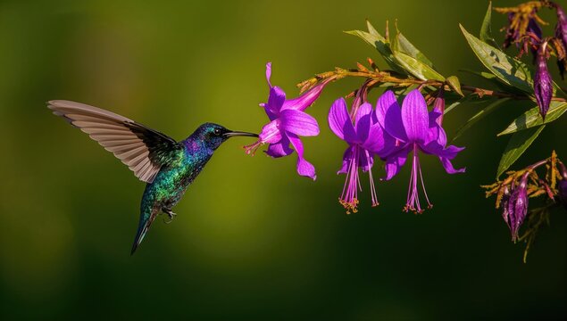 Violet Sabrewing, Campylopterus hemileucurus, in motion, foraging on Thunbergia mysorensis blooms, beneficial pollinator role