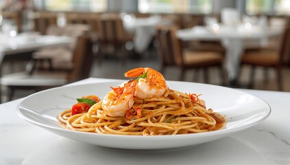 Spaghetti served with shrimp and Thai sauce, protein-rich meal