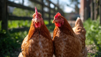 Two hens gathered in an urban farm setting, highlighting companionship