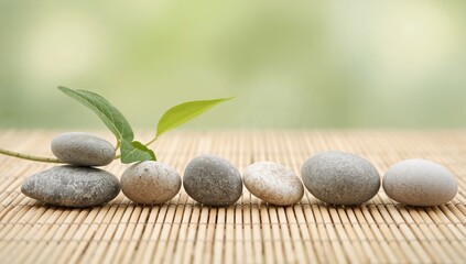 Row of smooth pebbles with a fresh green leaf on a bamboo surface, natural harmony and tranquility