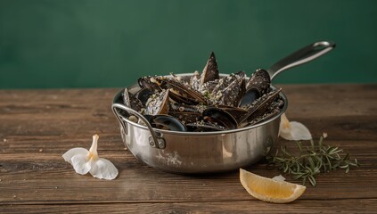 Mussels cooked in a creamy sauce served in a metal pan on a rustic wooden table, fiber-dense choice, Christmas