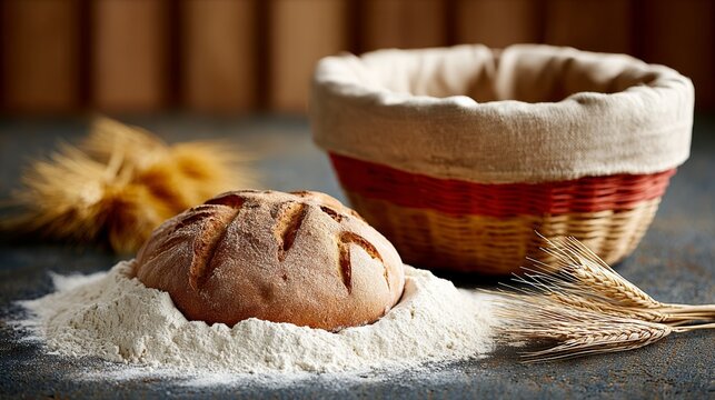 Loaf of bread sits on a table next to a basket of wheat. The bread is sliced and ready to be eaten - Powered by Adobe