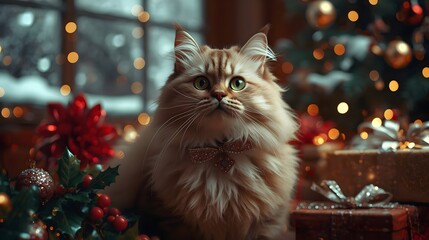 Fluffy Christmas Cat Holiday Portrait Cozy Winter Bokeh Background