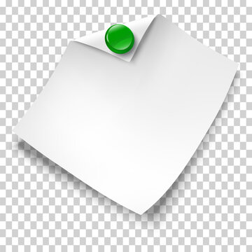 Blank paper note with green push pin, curled corner, and shadow