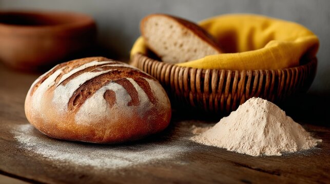 Loaf of bread sits on a table next to a bowl of flour. The bread is sliced and ready to be eaten