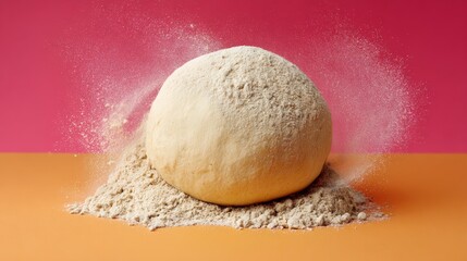 Fototapeta premium Dough ball is covered in flour and is sitting on a table. The dough ball is surrounded by flour, which is falling off of it