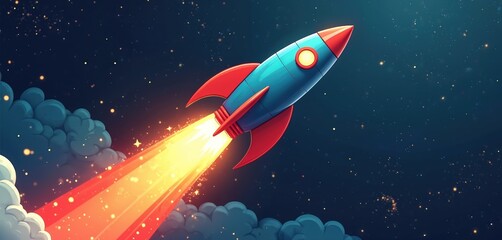 Fototapeta premium Blue red rocket launches high into dark starry sky. Fiery engine power creates bright orange light trail. White gray smoke clouds rise below. Concept of space travel, future, tech, kids dreams.