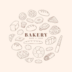 Bakery doodles, cartoon elements collection for logos, cards, posters, prints, banners, social media visuals, etc. EPS 10