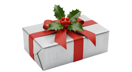 Festive silver gift with vibrant red ribbon and holly berry garnish