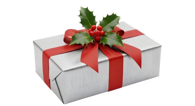 Festive silver gift with vibrant red ribbon and holly berry garnish